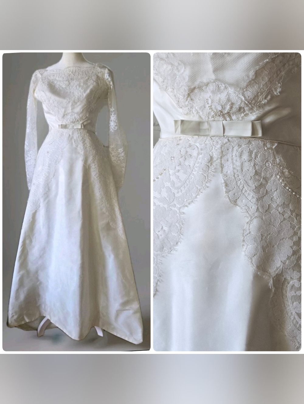 Vtg 50s 60s Lace & Bead Satin Wedding Gown, 0/2, Ivory, Train, Bustle